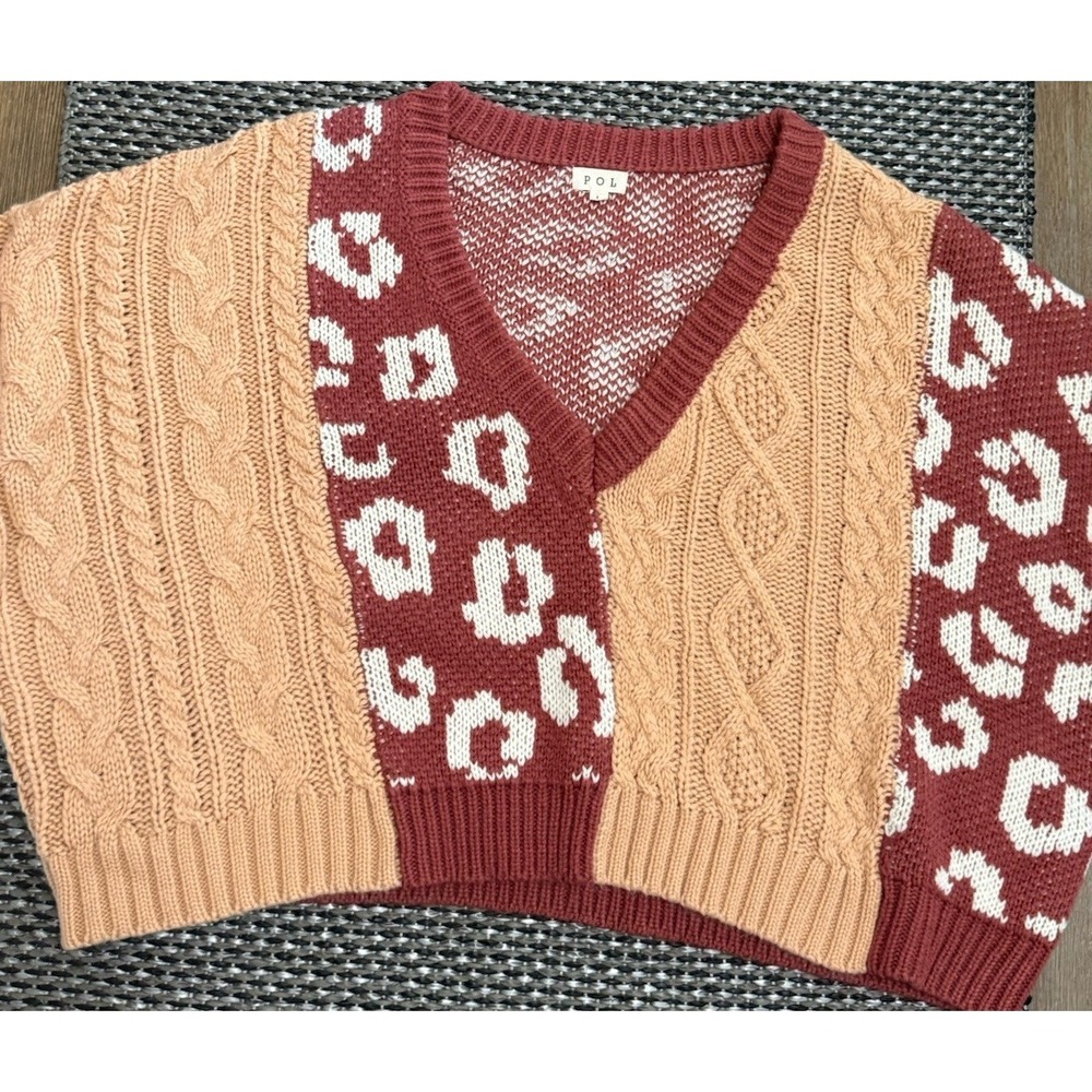 POL Leopard Cable Knit Deep V Neck Chunky Oversized Knit Sweeter Boxy Sz L - Picture 6 of 13